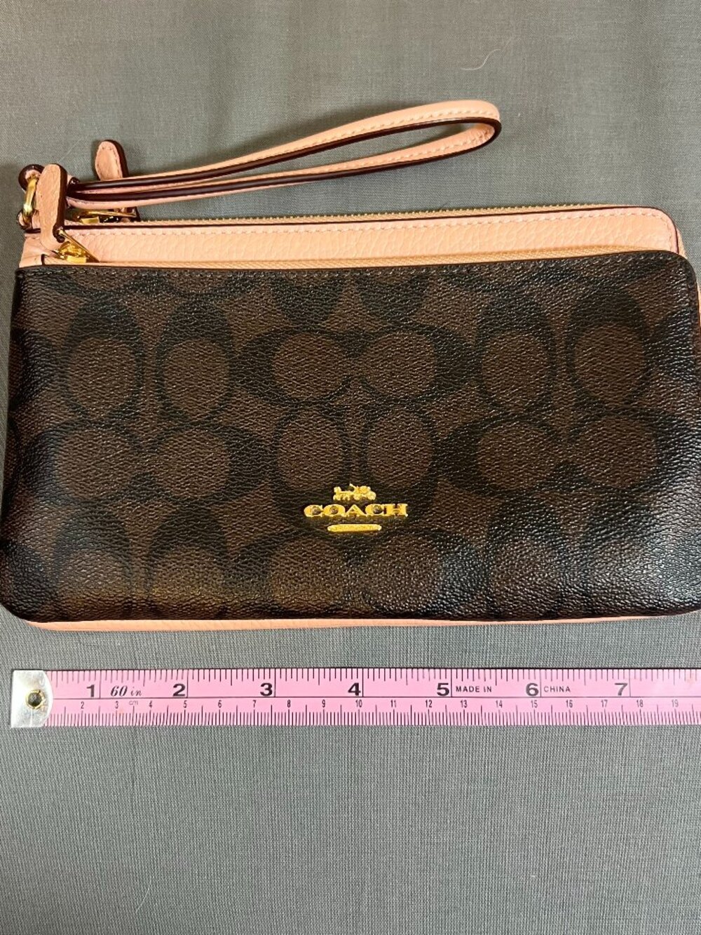 Coach Double Zip Wristlet - Brown Signature Canvas and Blush Leather - Like New